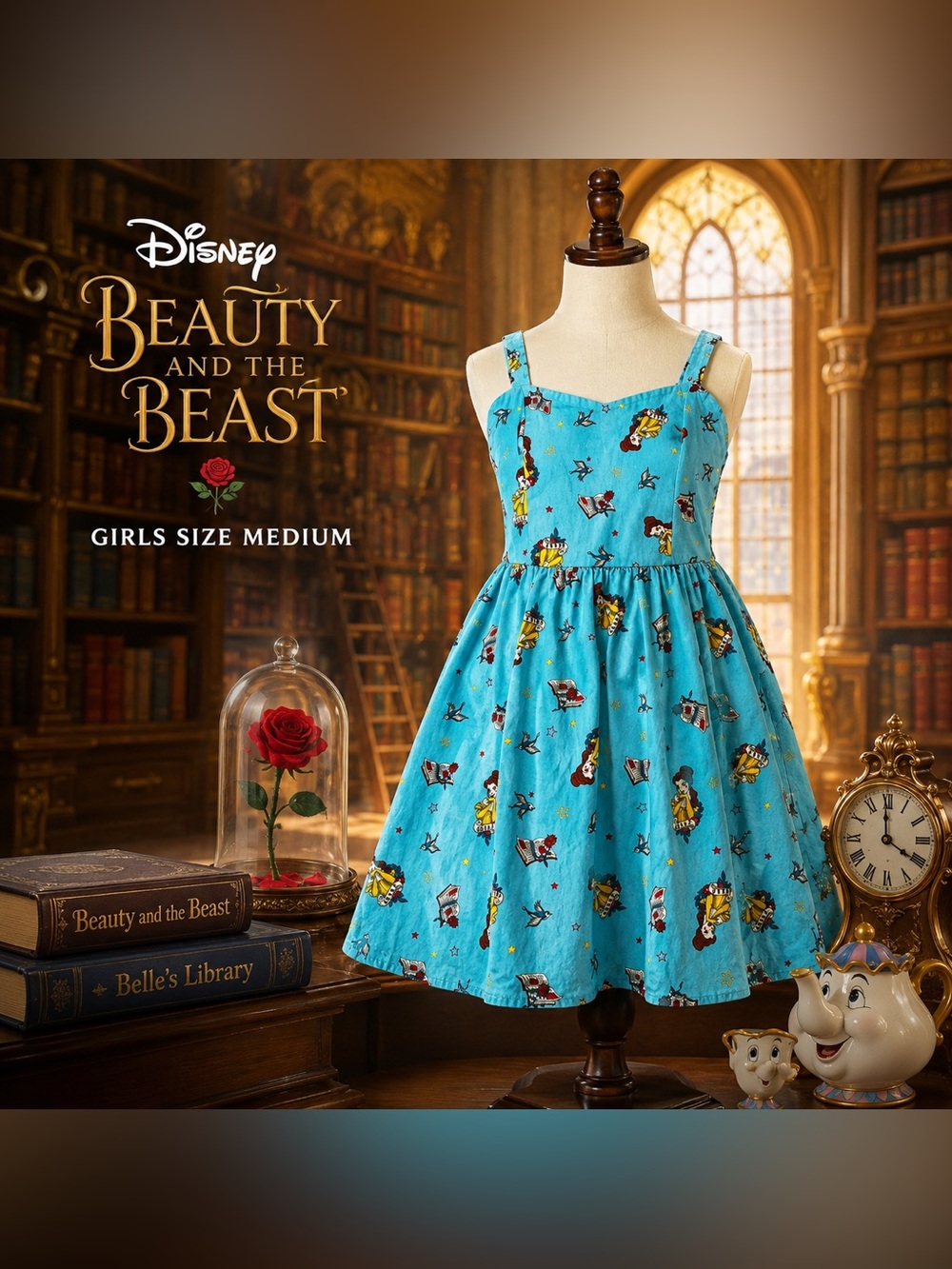 Disney Belle Print Girls Dress Size Medium Blue Fit & Flare Cotton Sundress